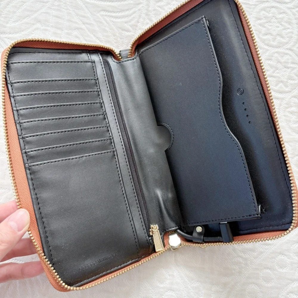 Rebecca Minkoff Regan Zip Wristlet with Lightning Charger, Brown Pebbled Leather